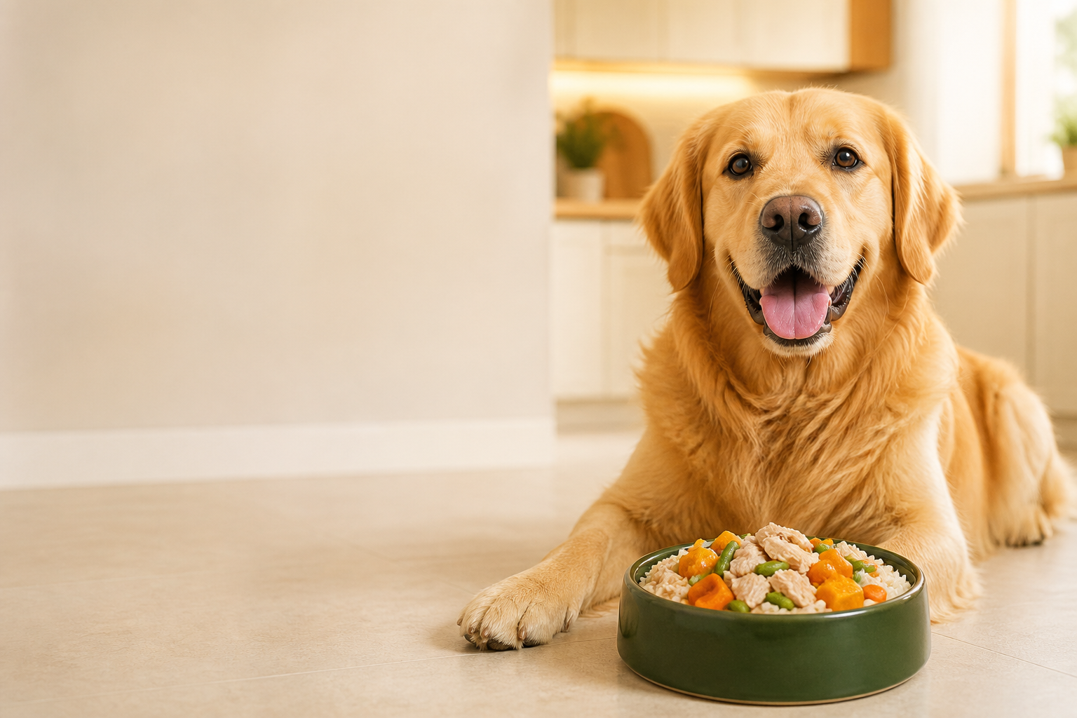 Golden Retriever ao lado de uma tigela com alimento caseiro cozido