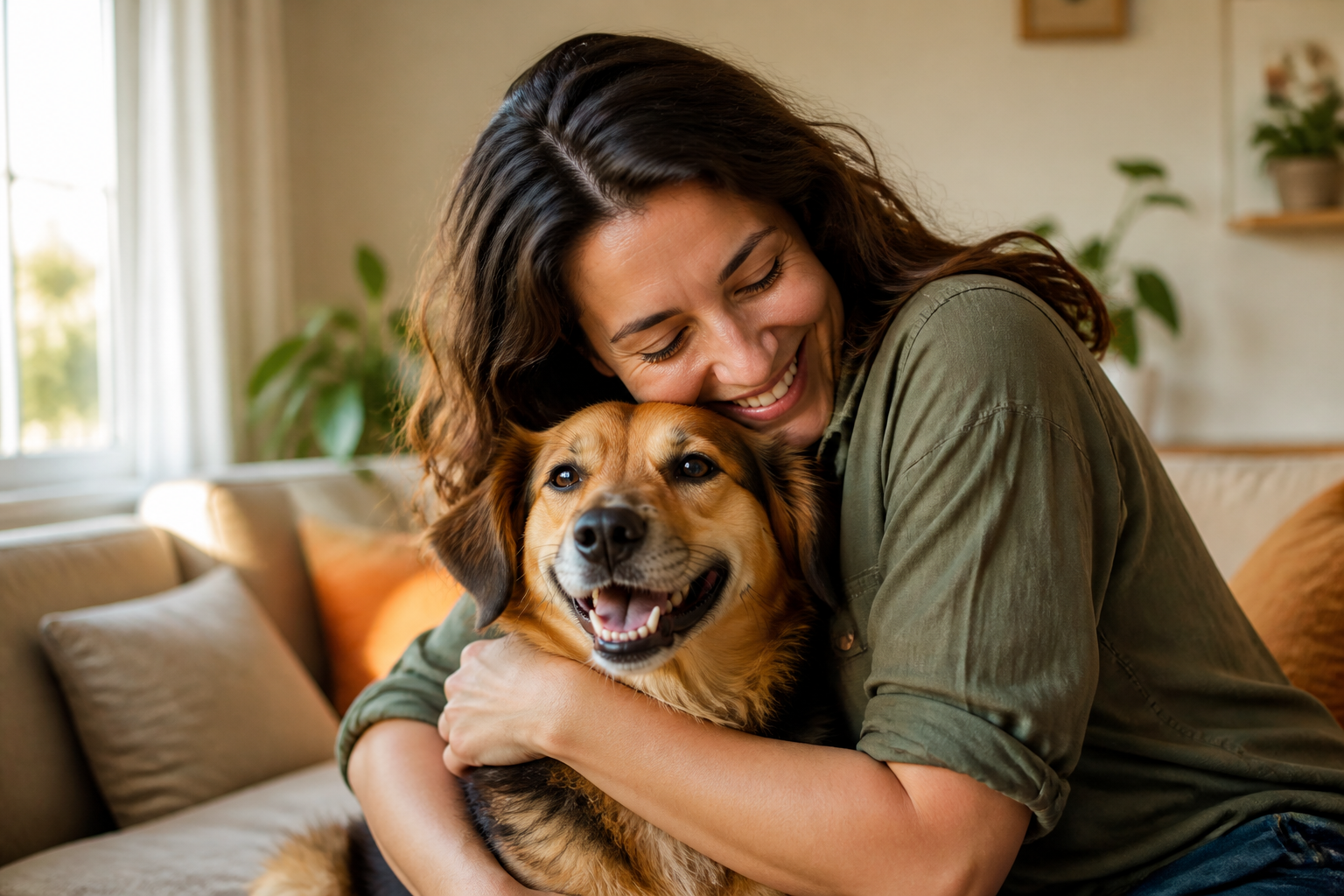 Tutora abraçando seu cão em casa